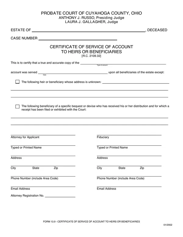 First page of Certificate of Service of Account to Heirs or Beneficiaries