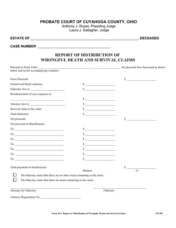First page of Report of Distribution of Wrongful Death and Survival Claims