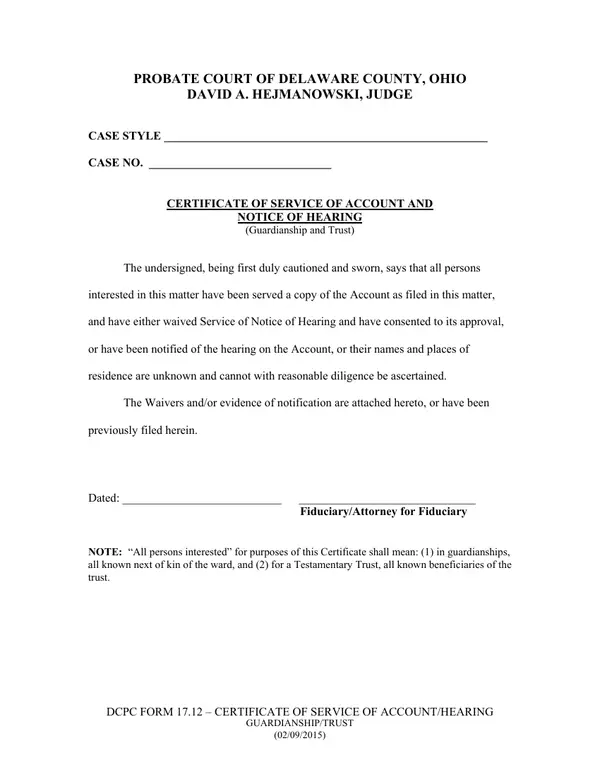 First page of CERTIFICATE OF SERVICE OF ACCOUNT AND NOTICE OF HEARING (Guardianship and Trust)