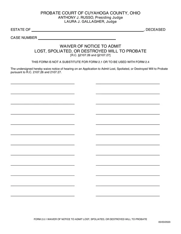 First page of Waiver of Notice to Admit Lost, Spoliated, or Destroyed Will to Probate