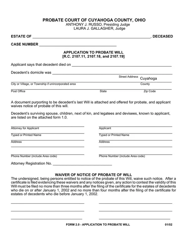 First page of Application to Probate Will