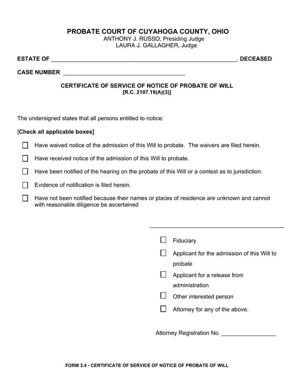 First page of Certificate of Service of Notice of Probate of Will