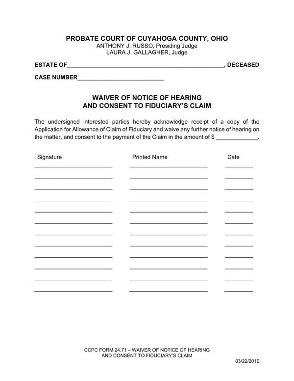 First page of Waiver of Notice of Hearing and Consent to Fiduciary's Claim
