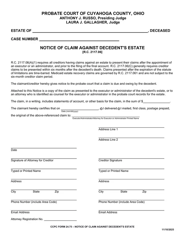 First page of Notice of Claim Against Decedent's Estate
