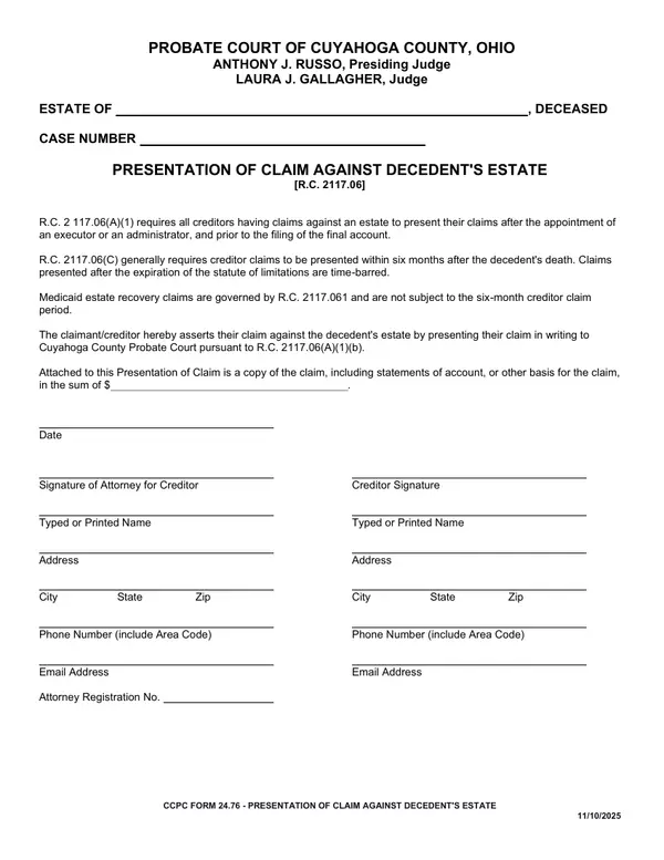First page of Presentation of Claim Against Decedent's Estate