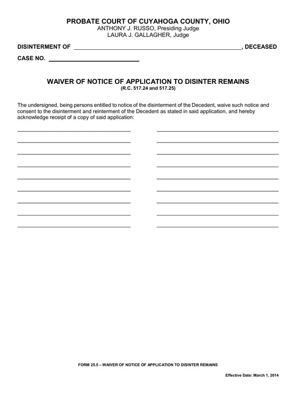 First page of Waiver of Notice of Application to Disinter Remains