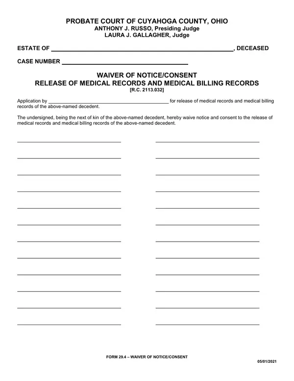 First page of Waiver of Notice/Consent - Release of Medical Records and Medical Billing Records