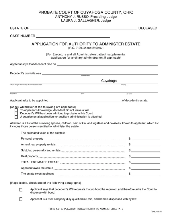 First page of Application for Authority to Administer Estate