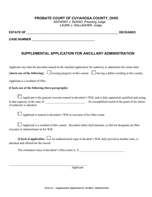 First page of Supplemental Application for Ancillary Administration