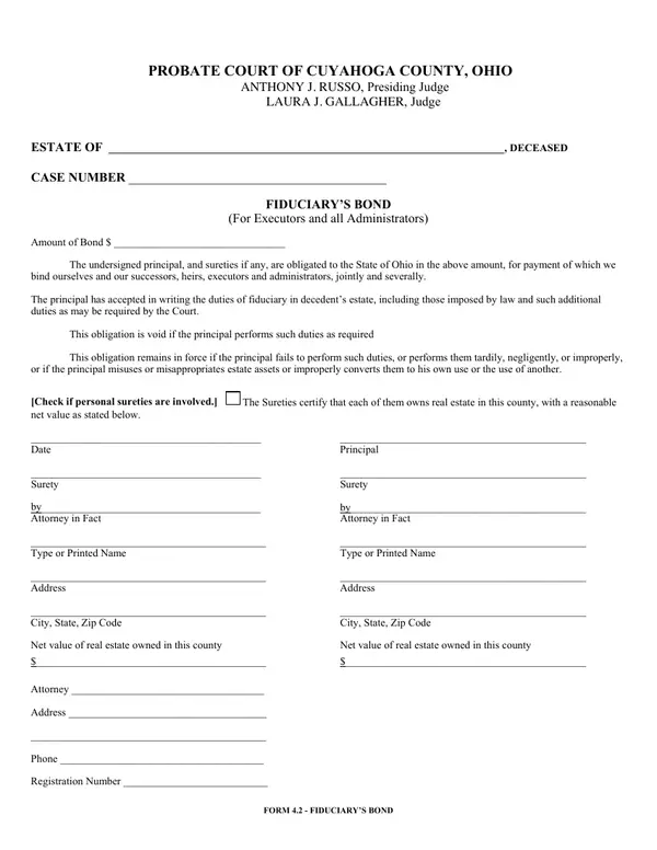 First page of FIDUCIARY'S BOND (For Executors and all Administrators)