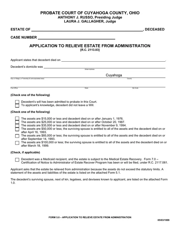 First page of Application to Relieve Estate from Administration