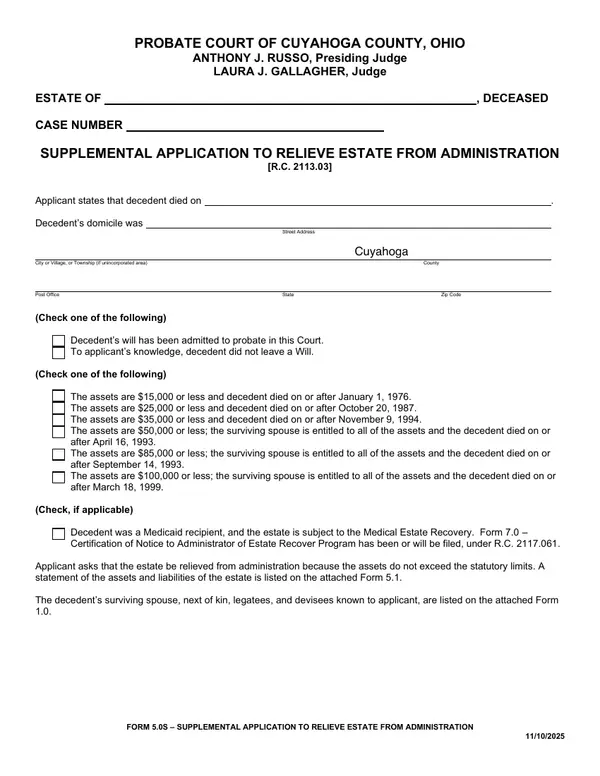 First page of Supplemental Application to Relieve Estate From Administration