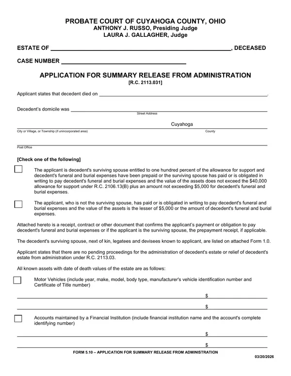 First page of Application for Summary Release From Administration