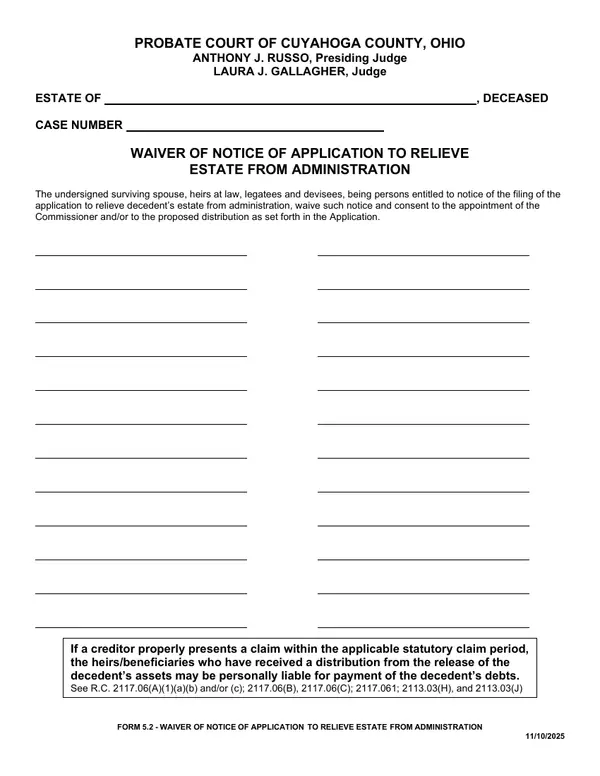 First page of Waiver of Notice of Application to Relieve Estate From Administration
