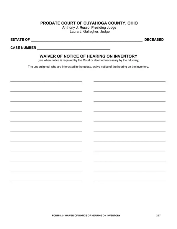 First page of Waiver of Notice of Hearing on Inventory