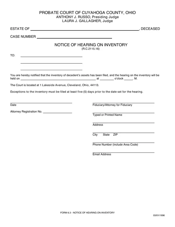 First page of Notice of Hearing on Inventory