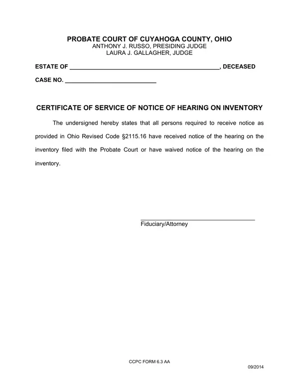 First page of Certificate of Service of Notice of Hearing on Inventory