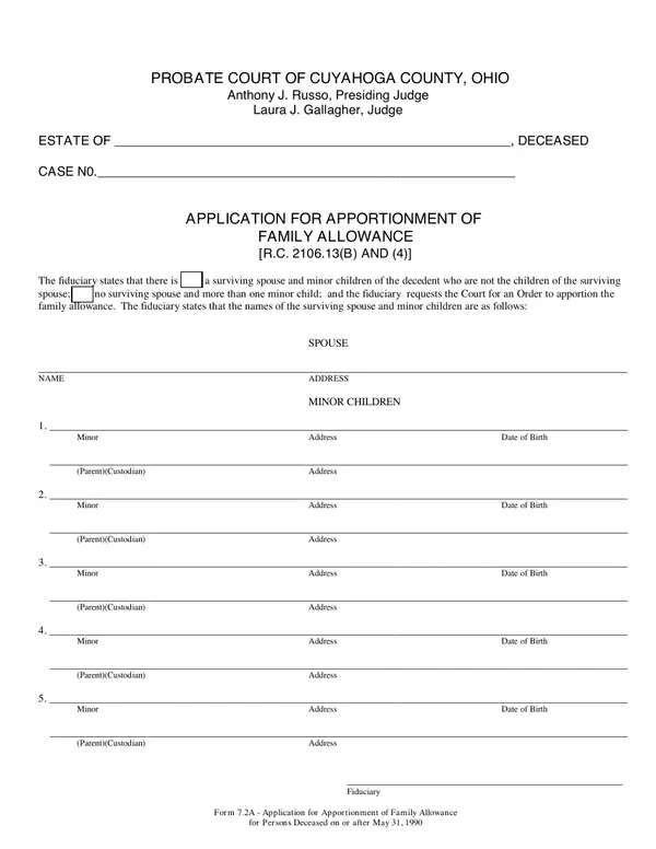 First page of Application for Apportionment of Family Allowance