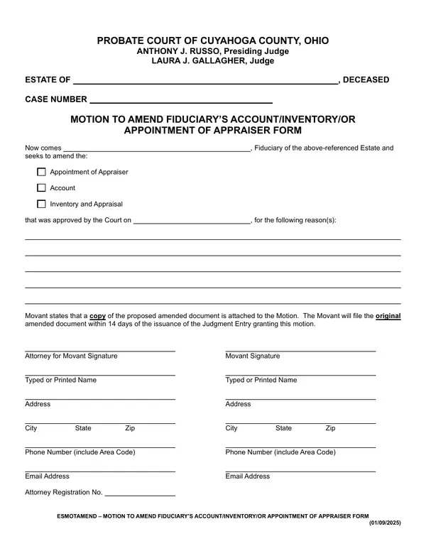 First page of Motion to Amend Fiduciary's Account/Inventory/or Appointment of Appraiser Form