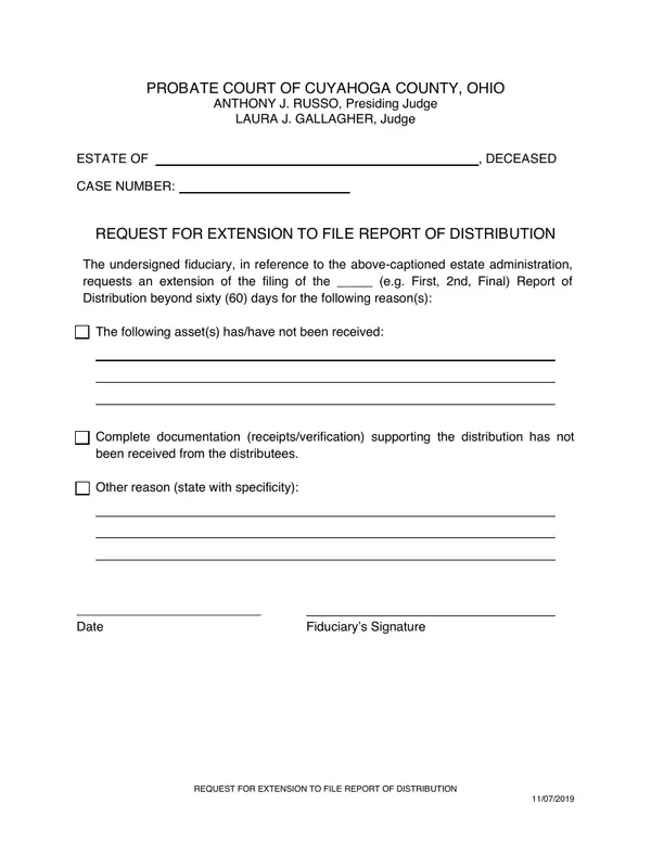 First page of Request for Extension to File Report of Distribution