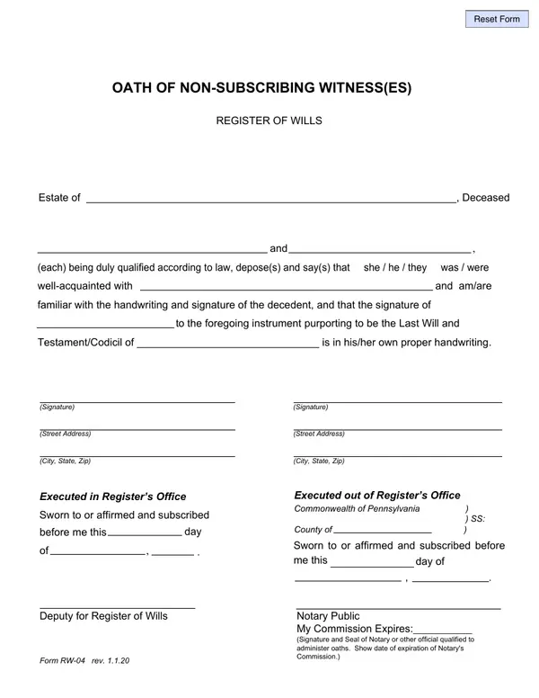 First page of Oath of Non-Subscribing Witness(Es)