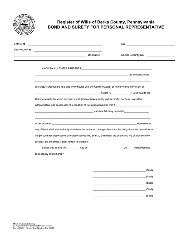 First page of Bond and Surety for Personal Representative