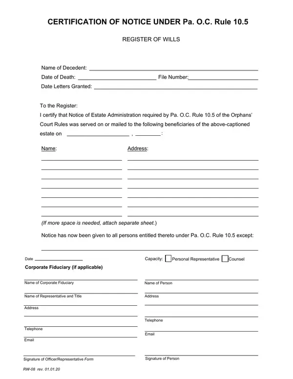 First page of CERTIFICATION OF NOTICE UNDER Pa. O.C. Rule 10.5