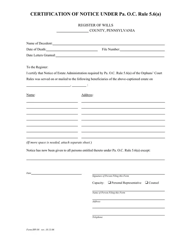 First page of CERTIFICATION OF NOTICE UNDER Pa. O.C. Rule 5.6(a)