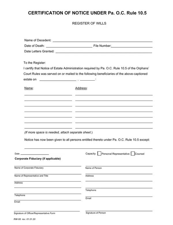 First page of Certification of Notice Under Pa. O.C. Rule 10.5