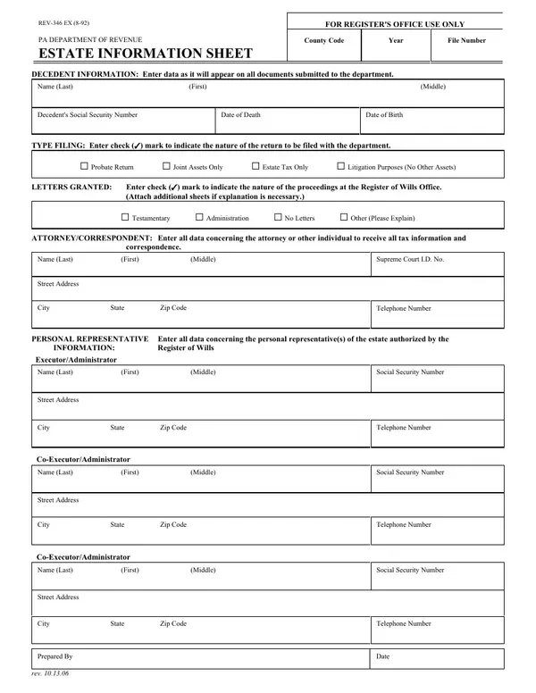 First page of Estate Information Sheet