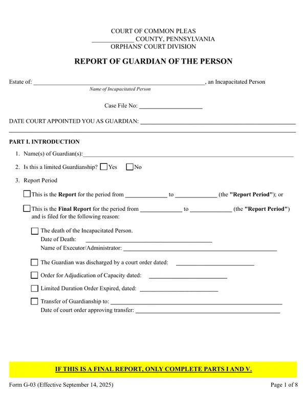 First page of Report of Guardian of the Person