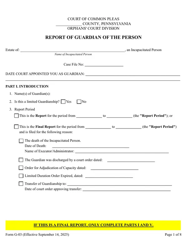 First page of Report of Guardian of the Person