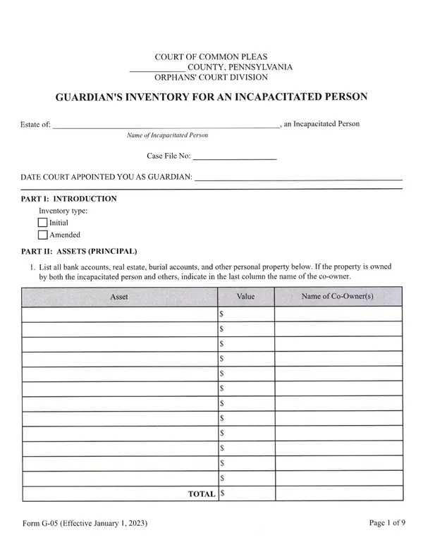 First page of Guardian's Inventory for an Incapacitated Person