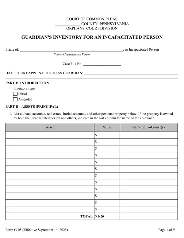 First page of Guardian's Inventory for an Incapacitated Person