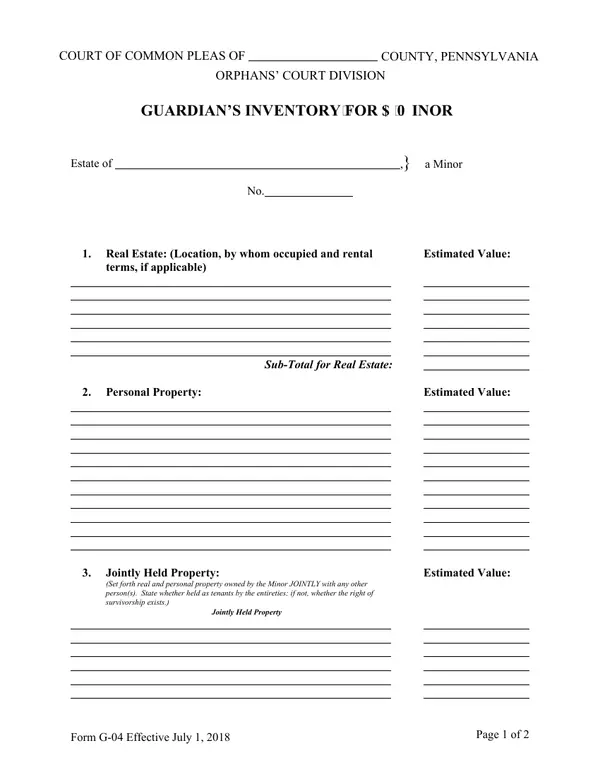 First page of Guardian's Inventory for Minor
