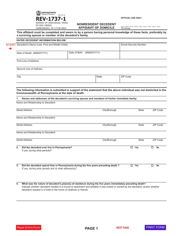 First page of Nonresident Decedent Affidavit of Domicile