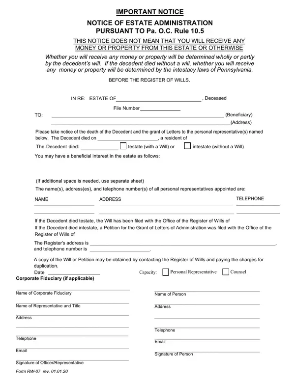 First page of Notice of Estate Administration Pursuant to Pa. O.C. Rule 10.5