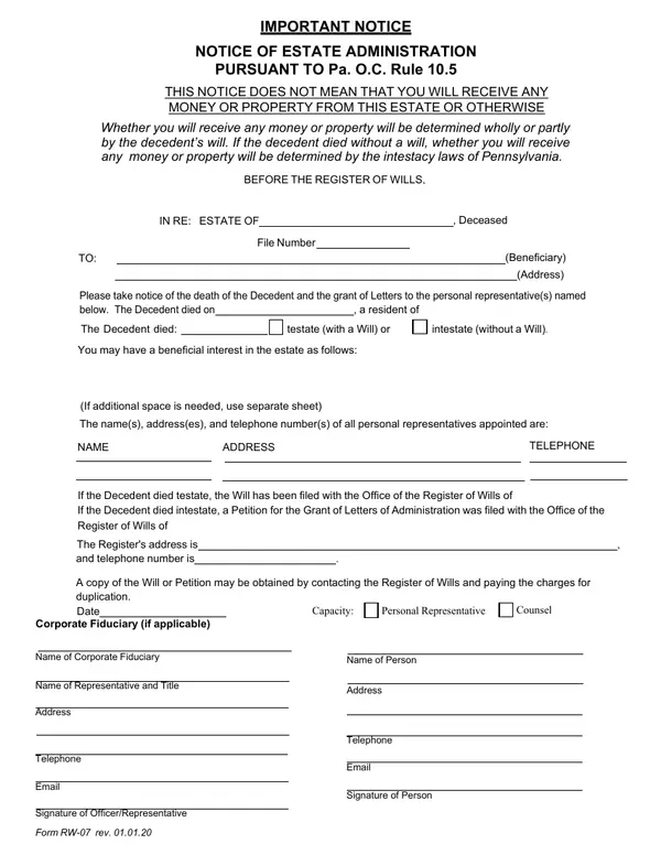 First page of Notice of Estate Administration Pursuant to Pa. O.C. Rule 10.5