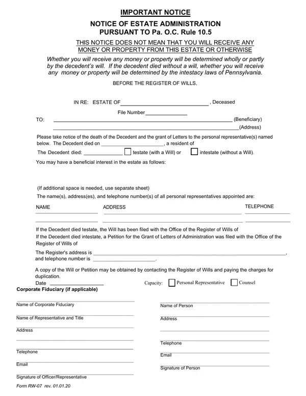 First page of Notice of Estate Administration Pursuant to Pa. O.C. Rule 10.5