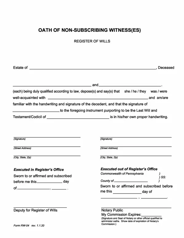 First page of Oath of Non-Subscribing Witness(es)