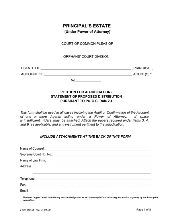 First page of PETITION FOR ADJUDICATION / STATEMENT OF PROPOSED DISTRIBUTION PURSUANT TO Pa. O.C. Rule 2.4