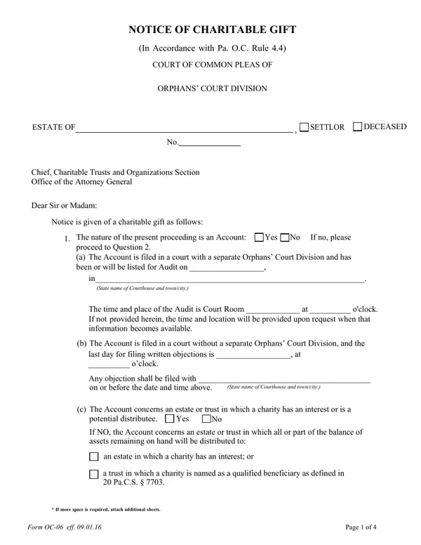 First page of NOTICE OF CHARITABLE GIFT (In Accordance with Pa. O.C. Rule 4.4)