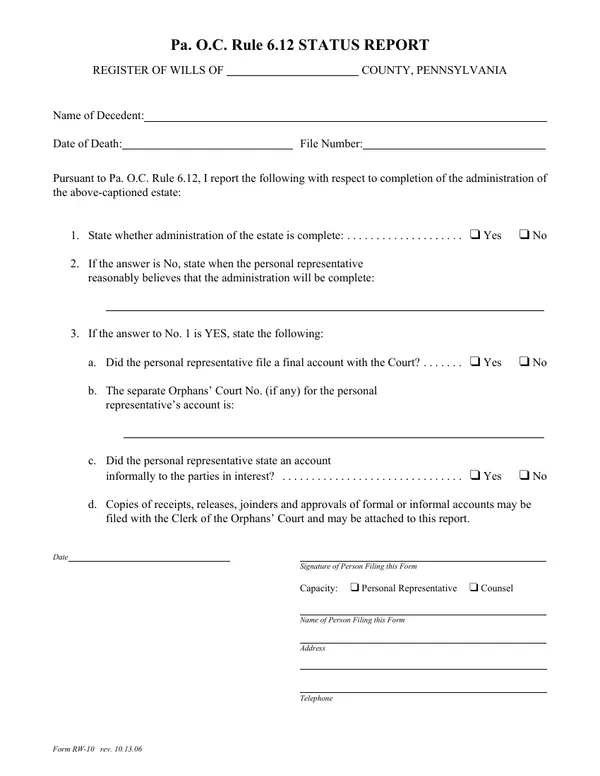 First page of Pa. O.C. Rule 6.12 STATUS REPORT