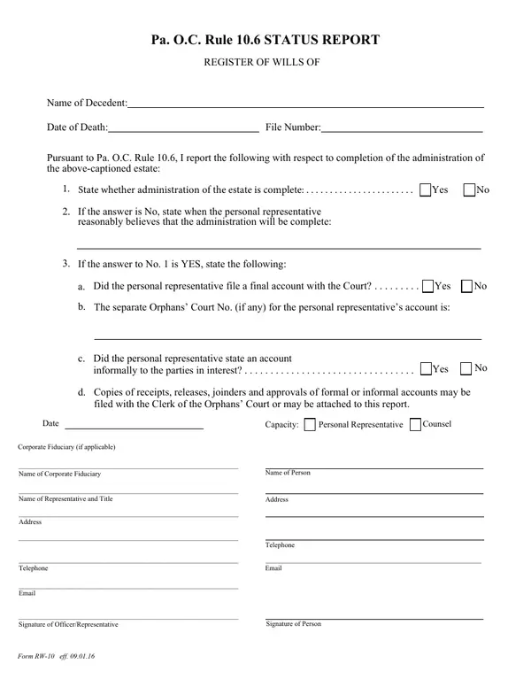 First page of Pa. O.C. Rule 10.6 STATUS REPORT