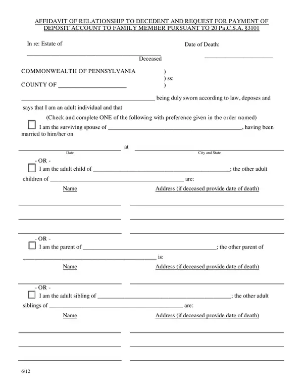 First page of AFFIDAVIT OF RELATIONSHIP TO DECEDENT AND REQUEST FOR PAYMENT OF DEPOSIT ACCOUNT TO FAMILY MEMBER PURSUANT TO 20 Pa.C.S.A. §3101