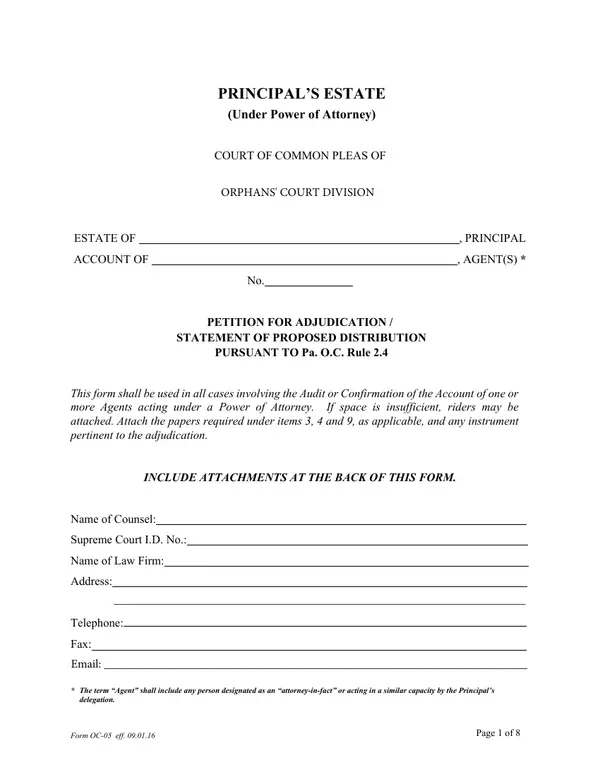 First page of Petition for Adjudication / Statement of Proposed Distribution