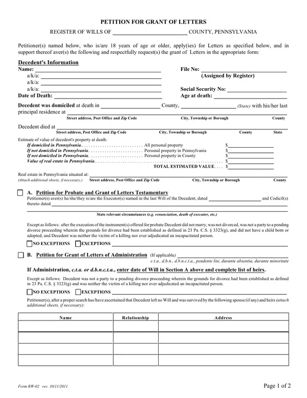 First page of Petition for Grant of Letters