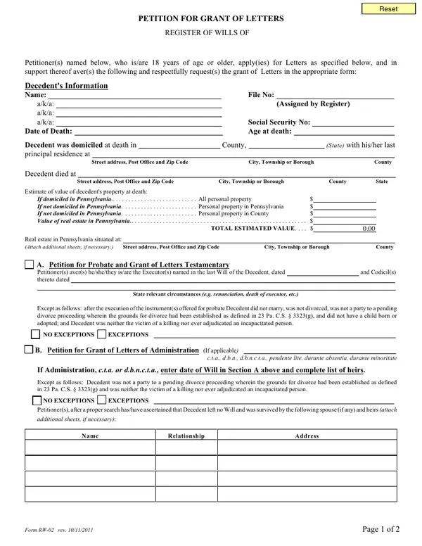 First page of Petition for Grant of Letters