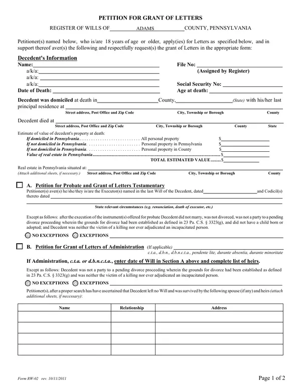 First page of Petition for Grant of Letters