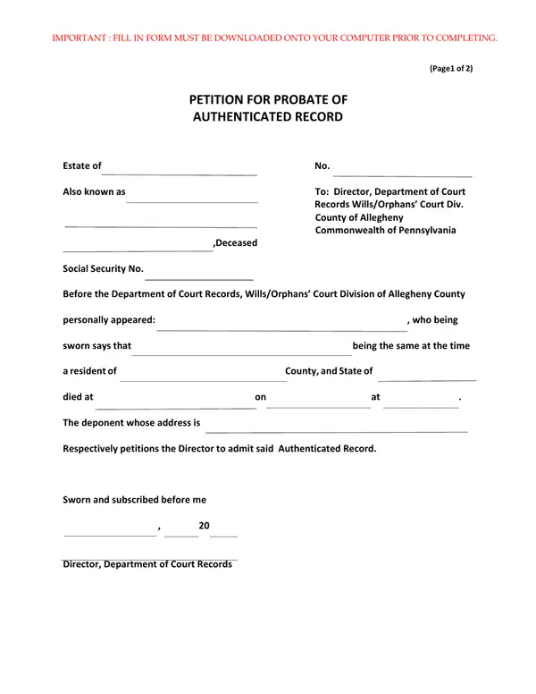First page of Petition for Probate of Authenticated Record / Decree of Probate
